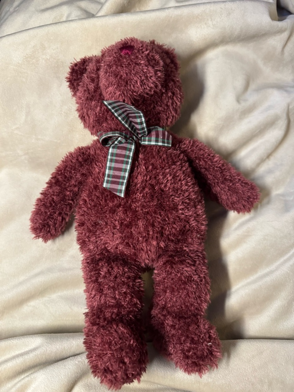 Gund Burgundy Plush Teddy Bear with Plaid Neck Bow